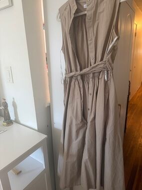 Calvin Klein Sleeveless Button-Front Maxi Dress in Taupe
